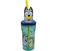 Bluey - Tazza con statuetta 3D con cannuccia, 360 ml, in plastica senza BPA, riutilizzabile, per scuola, campeggio, picnic, tazza divertente per bambini e bambini
