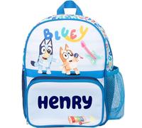 Bluey Zaino per bambini, borsa per la cameretta dei bambini, tasca in rete per bottiglia d'acqua e tasche frontali con cerniera, personalizzabile con qualsiasi nome, azzurro, Azzurro