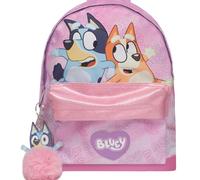 Bluey Zaino Rosa & Bingo - Asilo e Scuola con Bordo Glitterato, Tasca Frontale, Portabottiglie e Portachiavi con Pompon - Ufficiale per Ragazze e Ragazzi, Età 3+, Rosa, M