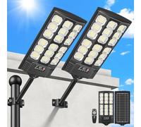 BlueYu Lampione Solare Led Esterno, 800W 6500K IP66 Impermeabile Faretto Stradale con Sensore di Movimento e Telecomando, Lampioni da Giardino Esterno Solari per Strade, Cortili, Garage (2 Unità)