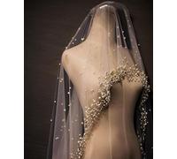 BLUEZY Velo da Sposa con Perle Lunghe E Velo da Sposa A Uno Strato Cattedrale con Pettine in Voile Velo Nuziale Lungo di Tulle della Cattedrale con La Perla Romantico di Lusso White