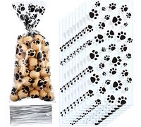 Blulu 100 sacchetti in cellophane a forma di zampa di animale domestico, termosaldabili, sacchetti regalo per caramelle, sacchetti regalo per gatti, con 100 lacci argentati per dolcetti per animali
