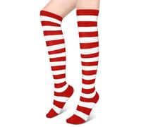 Blulu Calze Lunghe a Righe Calzini Sopra Ginocchio Calzettoni Alti alla Coscia per Donna Ragazza Costume Halloween(Rosso Bianco)