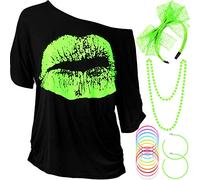 Blulu Set di Accessori per Costumi da Donna Anni '80, T-Shirt con Stampa Labbra Fascia in Pizzo Bracciale Collana Orecchini per Festa a Tema Anni '80(Verde Fluorescente,M)