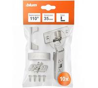 Blum - 10 cerniere per mobili, 110°, dritte con molla, viti, arresto angolare + clip blu eccentrica, piastra di montaggio a croce, acciaio, viti, distanza 0 mm
