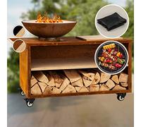 blumfeldt Savage 2.0 - Braciere con Grill, Braciere con Superficie di Lavoro, incl. Tagliere in Bambù, con Rotelle, in Acciaio, Resistente ad Acqua e Gelo, 128x90x59 cm (LxAxP), Stile: Wide, Ruggine