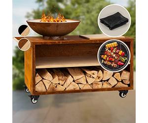 blumfeldt Savage 2.0 - Braciere con Grill, Braciere con Superficie di Lavoro, incl. Tagliere in Bambù, con Rotelle, in Acciaio, Resistente ad Acqua e Gelo, 128x90x59 cm (LxAxP), Stile: Wide, Ruggine