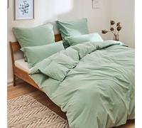 Blumtal Biancheria da Letto Stone Washed 155x220cm Lino e Cotone 80x80cm Alternativa Mussola Set Copripiumino 155x220cm + 80x80cm - Summer Green - Verde