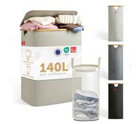 Blumtal® Cesto portabiancheria 2 Scomparti 140L - Cesto Biancheria Sporca 2 Scomparti Lavabile e igienico con Rete Rimovibile - Cesto portabiancheria Doppio con Coperchio + Bordo in bambù - in Beige