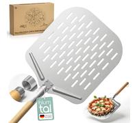 Blumtal Pala per pizza forata 30,5 x 30,5 cm + manico in legno da 24,5 cm - Pala per pizza forata in alluminio antiaderente e acciaio inossidabile - Pala per pane