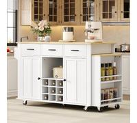BLUON HOME Isola da cucina mobile, carrello da cucina, tavolo da pranzo estensibile, armadio da cucina con vano portaoggetti, 3 cassetti, portabottiglie, presa con USB, 136-223 x 50 x 93 cm (bianco +