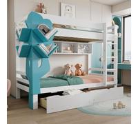 BLUON HOME Lettino a castello, creativo, libreria a forma di albero, scaffale aperto, due cassetti con ruote, con griglia anticaduta, ampio spazio di archiviazione, pino+MDF, bianco+blu, 90 x 200 cm