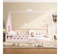 BLUON HOME Lettino in legno, letto per bambini, in legno massiccio, 140 x 200 cm, listello, ringhiera, legno di pino, rosa