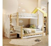 BLUON HOME Lettino in legno, letto per bambini, letto a castello, 90 x 200 cm + 140 x 200 cm, griglia per letto, scaletta, listello, 2 cassetti, recinzione irregolare, senza materasso, bianco e