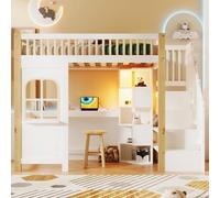 BLUON HOME Lettino in legno, letto per bambini, letto a soppalco, 90 x 200 cm, con luci a LED, forma di finestra, scaletta, vano portaoggetti, scrivania, presa elettrica, senza materasso, bianco e