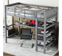 BLUON HOME Lettino in legno, per bambini, letto a soppalco, 90 x 200, letto a soppalco per bambini con ripiani e scrivania sotto il letto, senza materasso, grigio