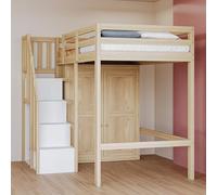 BLUON HOME Letto a soppalco con scala di sicurezza, con spazio di archiviazione, 90 x 200 cm, letto singolo per ragazzi, letto per bambini, telaio in legno massello, colore legno originale