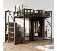 BLUON HOME Letto a soppalco in metallo 140 × 200 cm con design caratteristico ringhiera in legno e rete metallica, completo di grande armadio, cassetti e scala portaoggetti, nero