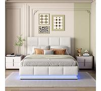 BLUON HOME Letto imbottito con illuminazione a LED e spazio idraulico sollevabile, per letto e rete a doghe, rivestimento in similpelle, letto matrimoniale per adulti, 140 x 200 cm, bianco