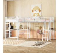 BLUON HOME Letto in metallo, letto in ferro, letto per bambini, 90 x 200 cm, letto a soppalco, due letti a castello, tavolo sotto il letto, doppia scala, ringhiera alta, bianco