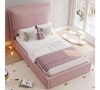 BLUON HOME Letto per ragazzi, 90 x 200 cm, letto funzionale, letto con rete a doghe, testiera e ampio spazio di archiviazione, testiera imbottita, ciniglia, rosa