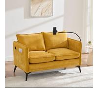 BLUON HOME Moderno divano doppio, piccolo divano in tessuto, poltrona, divano, con tasca laterale + supporto per cellulare regolabile, adatto per soggiorno/camera da letto/balcone (giallo)