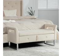 BLUON HOME Panchina per corridoio, panca con spazio per riporre oggetti, in velluto con braccioli per soggiorno, ingresso e camera da letto (beige)