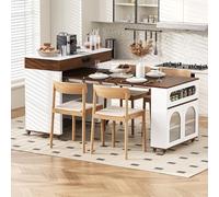 BLUON HOME Tavolo da bar allungabile, credenza mobile, isola della cucina con ruote e prese, con vetro di barriera e cassetto, per cucina, sala da pranzo, 50,5 ~ 187,5 × 110,5 × 95,5 (bianco+noce)