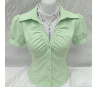 Blusa a maniche corte aderente con scollo a V arricciato, che mette in risalto il décolleté, adatta a valorizzare la vita. Si consiglia di scegliere una taglia superiore se il seno è abbondante. Capo 