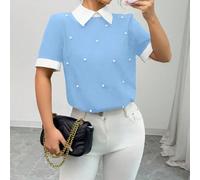 Blusa a maniche corte con colletto, color block, decorata con perle, adatta per donna in primavera ed estate L,M,S,XLBlocchi di coloreTessuto intrecciato