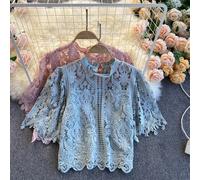 Blusa A Maniche Corte Vintage Casual Bianca In Pizzo Svuotata Per Donne