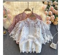 Blusa A Maniche Corte Vintage Casual Bianca In Pizzo Svuotata Per Donne