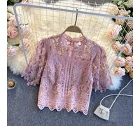 Blusa A Maniche Corte Vintage Casual Bianca In Pizzo Svuotata Per Donne