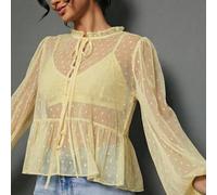 Blusa a maniche lunghe con collo a mockturtleneck, fiocco, volant e peplum, in rete a pois, carina per l'autunno, il ritorno a scuola, l'inverno, le uscite, casual e boho chic L,M,S,XL,XSColore unicoT