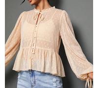 Blusa a maniche lunghe con collo a mockturtleneck, fiocco, volant e peplum in rete trasparente a pois, carina per l'autunno, il ritorno a scuola, l'inverno, le uscite, casual e boho chic L,M,S,XL,XSCo