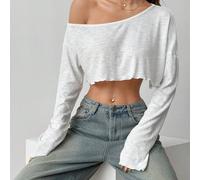 Blusa a maniche lunghe con scollo asimmetrico e sexy, colore unito, in viscosa, lasca, con spalline scese e scollo asimmetrico, stile casual, adatta per la primavera/autunno e per uso quotidiano L,M,S