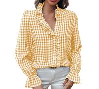 Blusa a Quadri Donna con Collo a V e Chiusura a Pulsanti, Maniche Lunghe Luminose, Top Casual Trendy per Ufficio, Tempo Libero e Incontri, Stile Versatile con Taglio Comfort(X1-Light Yellow, XL)