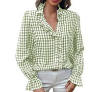 Blusa a Quadri Donna con Collo a V e Chiusura a Pulsanti, Maniche Lunghe Luminose, Top Casual Trendy per Ufficio, Tempo Libero e Incontri, Stile Versatile con Taglio Comfort(X1-Light Green, L)