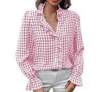 Blusa a Quadri Donna con Collo a V e Chiusura a Pulsanti, Maniche Lunghe Luminose, Top Casual Trendy per Ufficio, Tempo Libero e Incontri, Stile Versatile con Taglio Comfort(X1-Watermelon Red, XXL)
