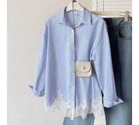 Blusa a righe blu & bianche con volant versatile e abbinabile per ragazze giovani e pre-adolescenti, può essere indossata come strato interno o come capo esterno, moda casual quotidiana, adatta per la