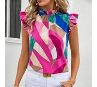 Blusa a sbuffo stampata con orlo a volant e color block, ideale per le vacanze e i momenti di svago delle donne L,M,S,XL,XS,XXL,XXS,XXXL,XXXXLBlocchi di colore,Geometrico,stampa dappertuttoTessuto int