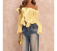 Blusa asimmetrica a maniche lunghe con spalle scoperte, balze e orlo con fiocco, design romantico e sexy, adatta per autunno/inverno, primavera, viaggi, San Valentino, dolce e romantica, uso quotidian