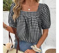 Blusa basic a maniche corte con colletto quadrato e motivo check, per donna, primavera/estate L,M,S,XL,XS,XXL,XXS,XXXL,XXXXLquadriTessuto intrecciato