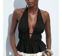 Blusa casual alla moda e versatile, di colore unito, sexy, con arricciature decorative, scollo a V profondo, schiena scoperta e spalle scoperte, adatta per l'ufficio, il tempo libero, la spiaggia e lo