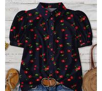 Blusa casual con maniche a sbuffo e stampa di ciliegie, adatta per vacanze, per donne di taglia comoda. Abito da donna semplice e alla moda per matrimoni, fiere rinascimentali e feste della mamma, ada