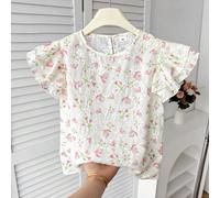 Blusa casual con stampa floreale, collo rotondo e maniche con volant per ragazze pre-adolescenti, stile vacanziero, chic francese, adatta per viaggi primaverili, ritorno a scuola, top estivi, abbiglia