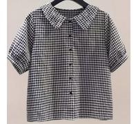 Blusa casual da donna con colletto Peter Pan e maniche a lanterna, adatta per vacanze, lavoro e uso quotidiano, per tutte le stagioni, inclusa l'estate L,M,S,XLGeometrico,quadriTessuto intrecciato