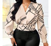 Blusa casual elegante da donna taglie forti con scollo a V, maniche lunghe e stampa plissettata su tutto il capo (fiori casuali), top a maniche lunghe autunnali per donne, autunno e inverno, stampa ge