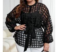Blusa con maniche a lanterna, cintura e stampa a quadri, senza sottocamicia 0XL,1XL,2XL,3XL,4XL,5XLColore unicoTessuto intrecciato