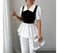 Blusa con maniche corte e balze sul fondo, in stile color block, adatta al pendolarismo L,M,S,XLBlocchi di coloreTessuto